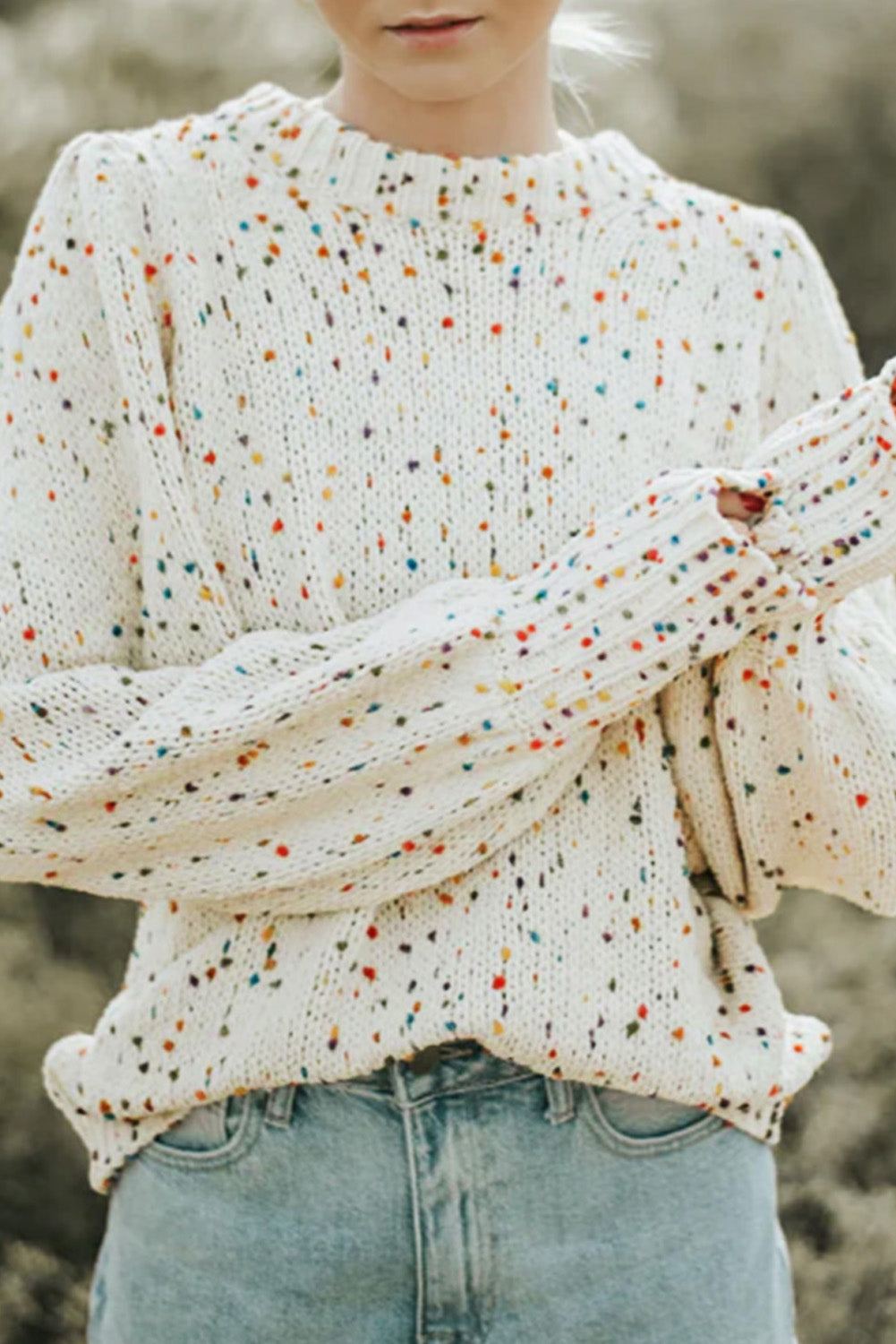 Beige colorful dots cable knit crew neck sweater - s 50% polyester + 30% polyamide + 20% acrylic & cardigans