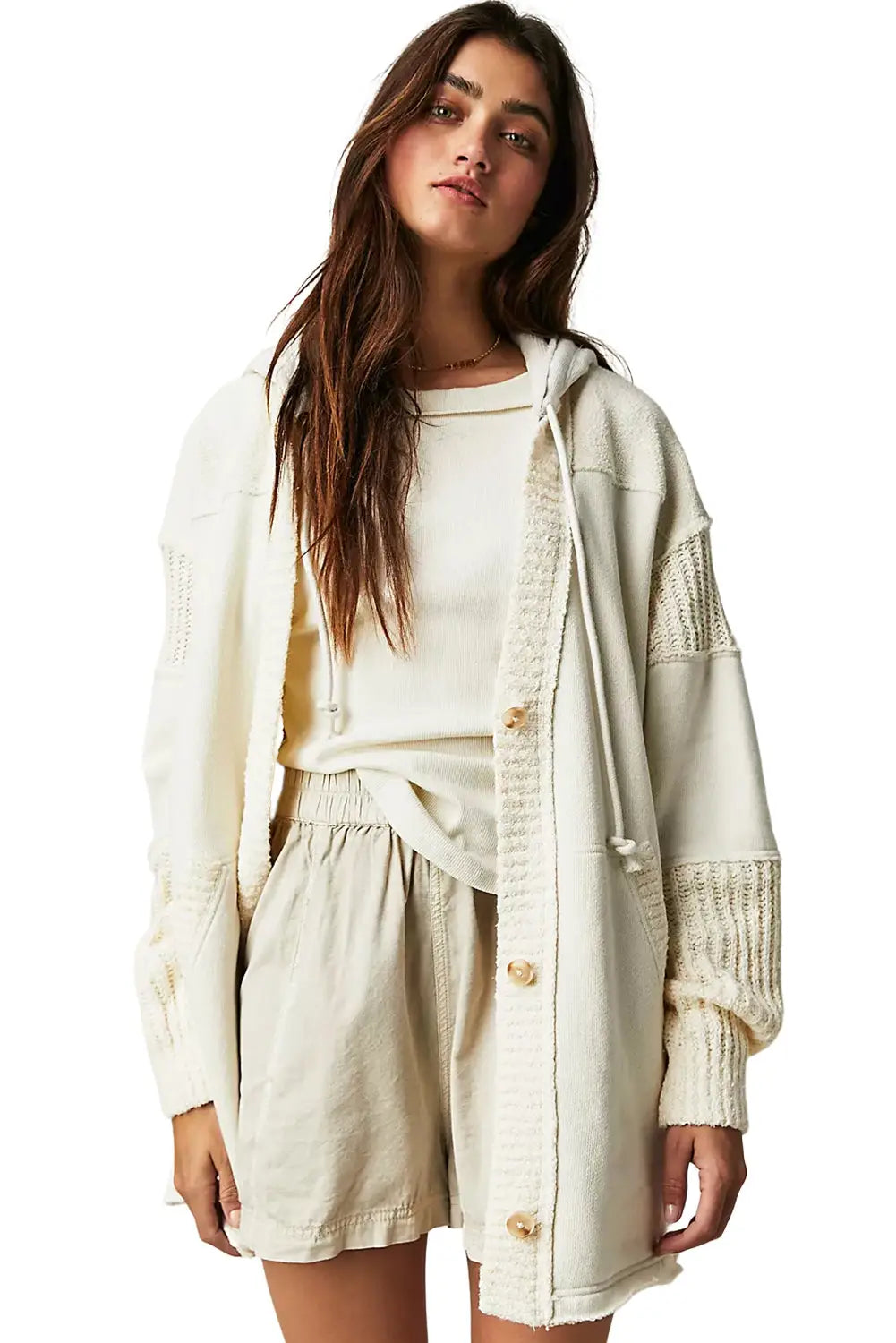 Beige contrast knit patchwork hooded functional coat
