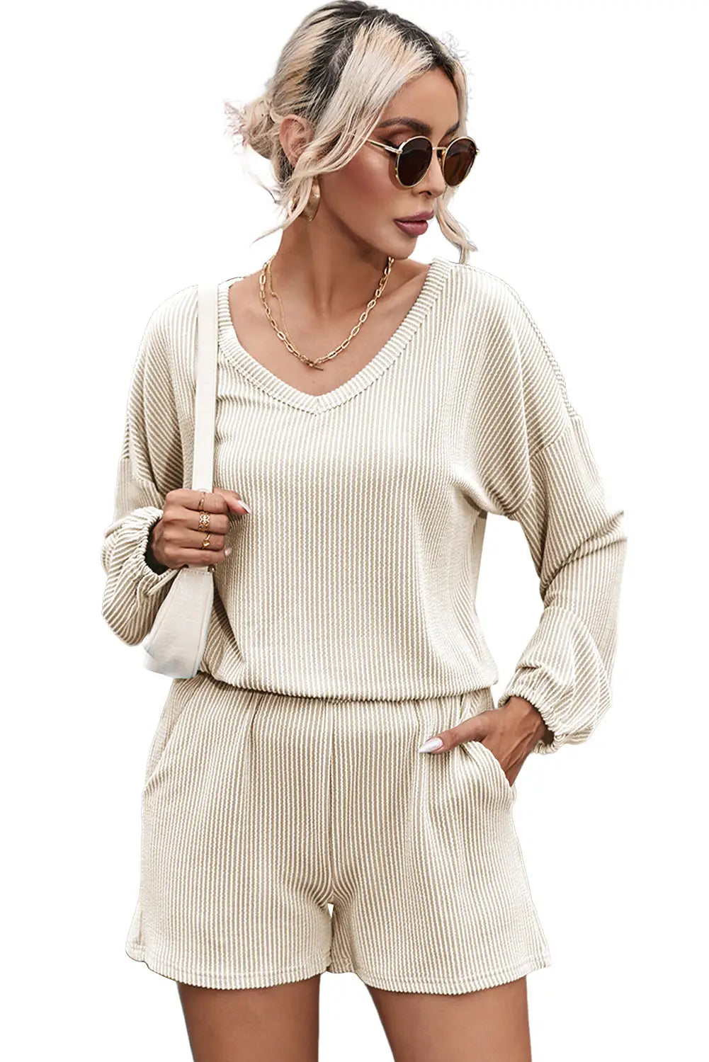 Beige corded v neck slouchy top pocketed shorts set - loungewear