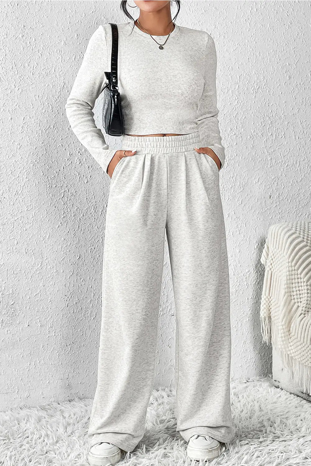 Beige crop top and wide leg pants two piece set - s 65% polyester + 35% cotton loungewear