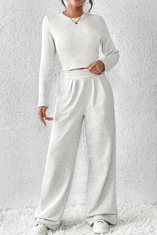 Beige crop top and wide leg pants two piece set - loungewear