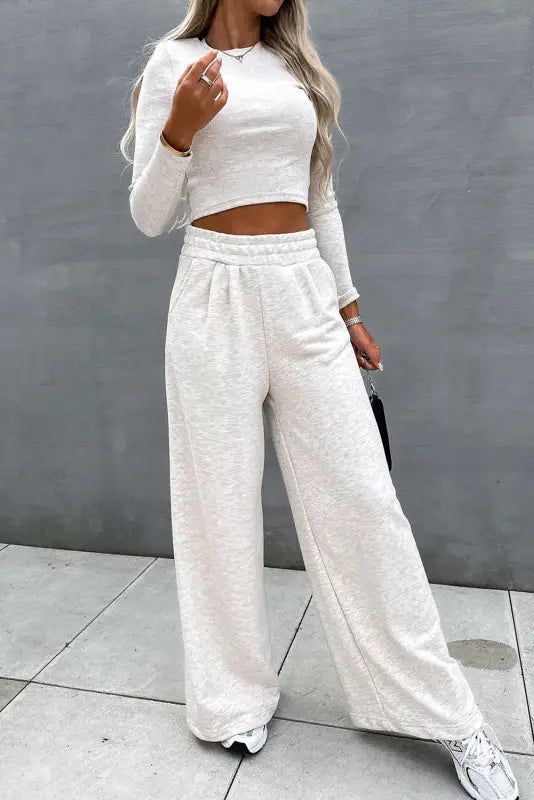 Beige crop top and wide leg pants two piece set - loungewear