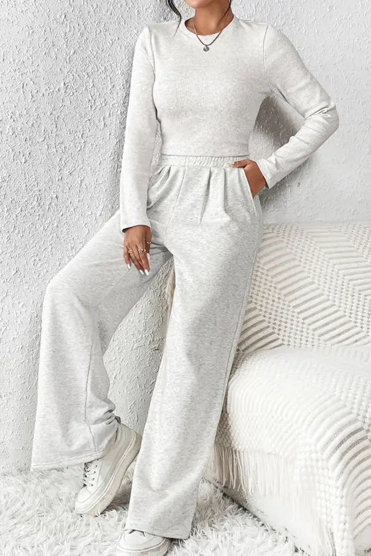 Beige crop top and wide leg pants two piece set - loungewear