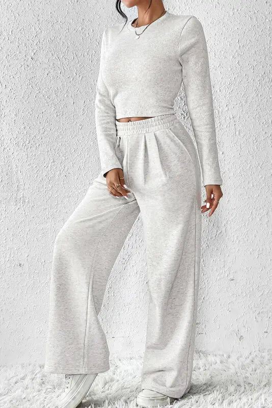 Beige crop top and wide leg pants two piece set - loungewear