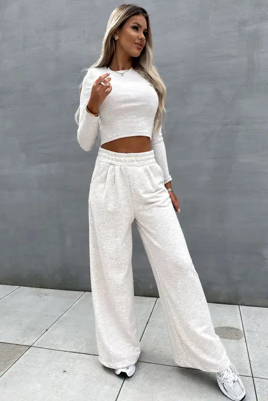 Beige crop top and wide leg pants two piece set - loungewear