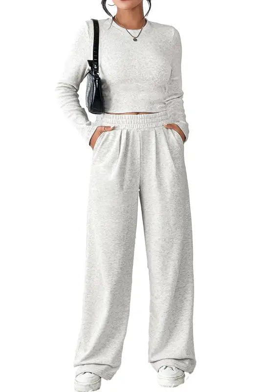 Beige crop top and wide leg pants two piece set - loungewear