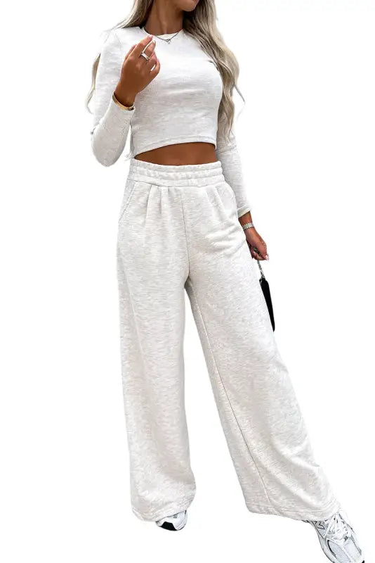 Beige crop top and wide leg pants two piece set - loungewear