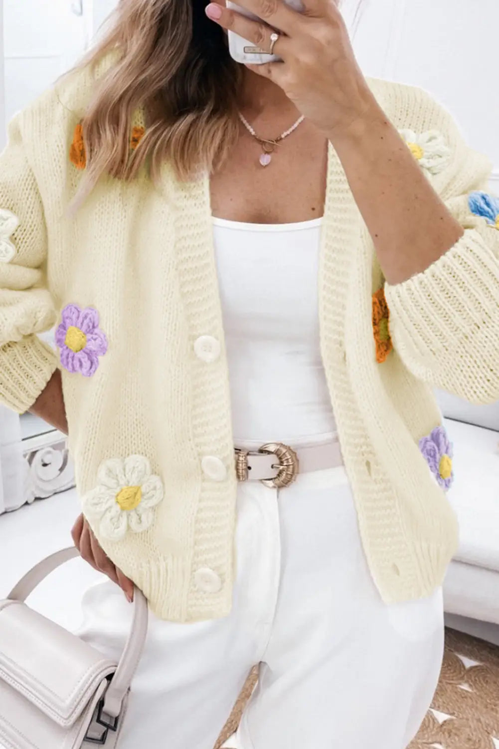 Beige cute flower embellished buttoned cardigan sweater - l 100% acrylic sweaters & cardigans