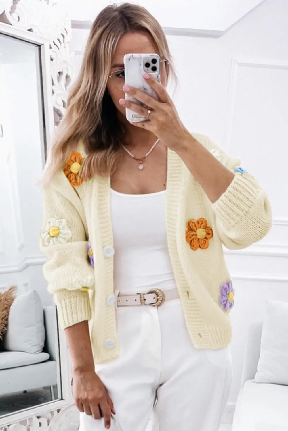 Beige cute flower embellished buttoned cardigan sweater - sweaters & cardigans