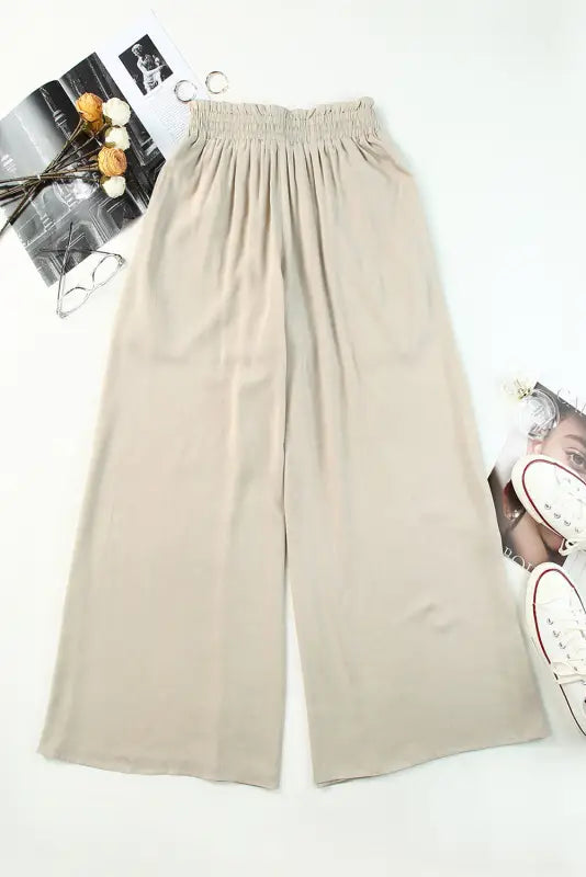 Beige drawstring smocked high waist wide leg pants