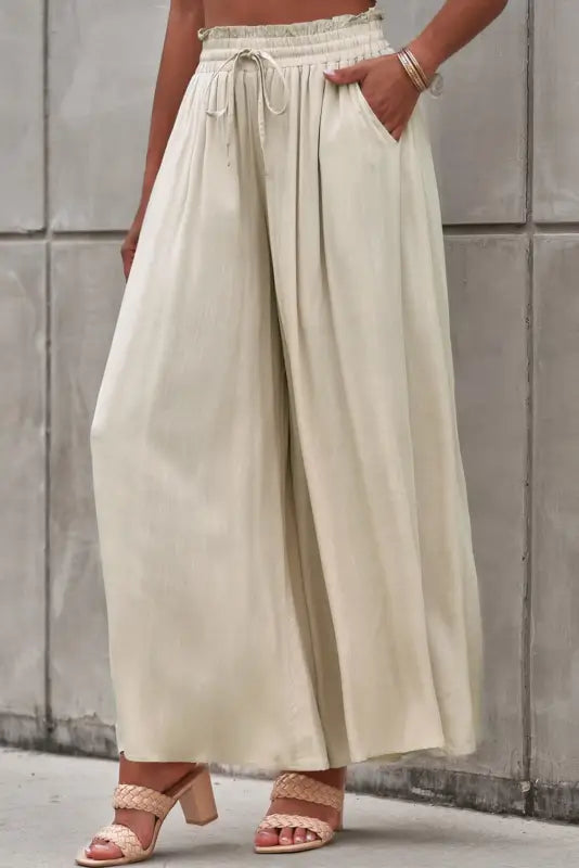 Beige drawstring smocked high waist wide leg pants