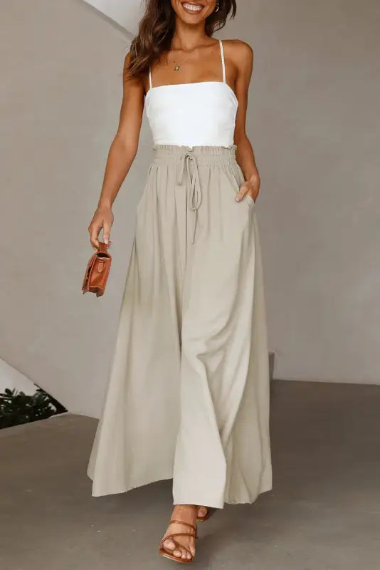 Beige drawstring smocked high waist wide leg pants