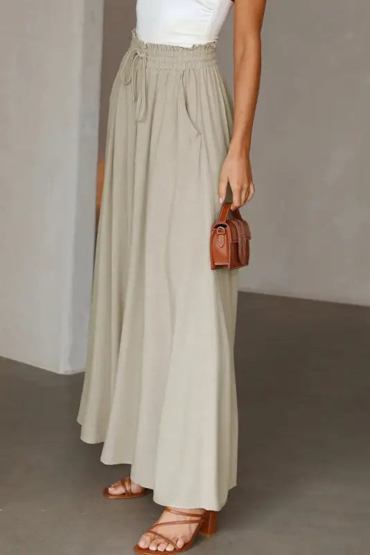 Beige drawstring smocked high waist wide leg pants