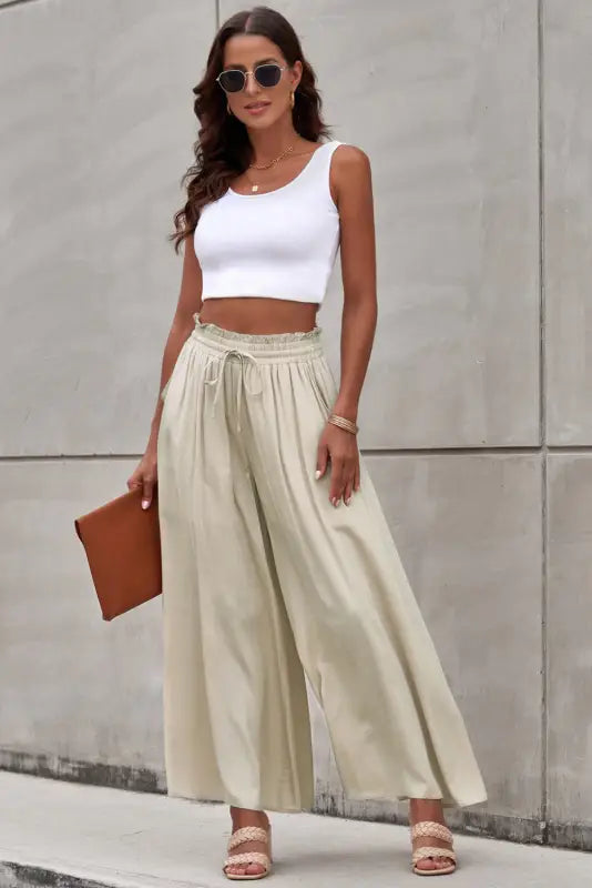 Beige drawstring smocked high waist wide leg pants