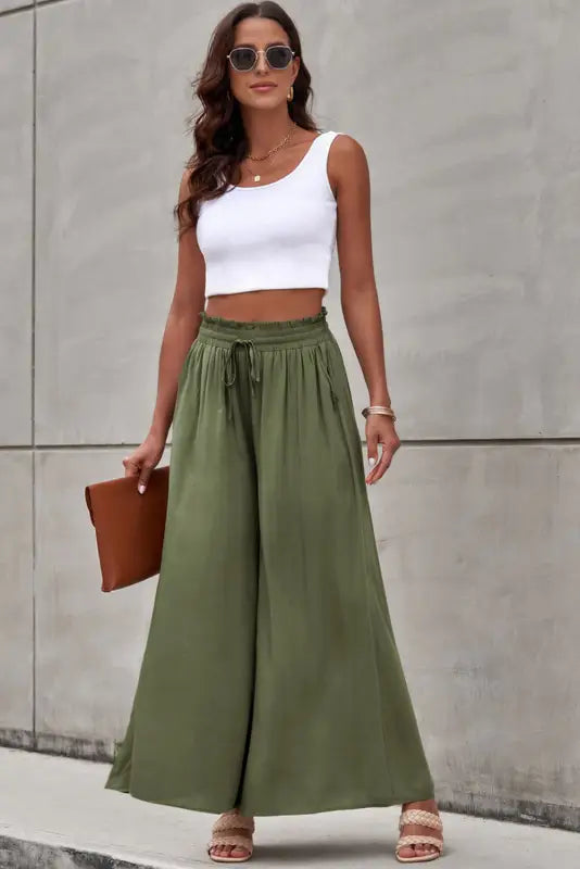 Beige drawstring smocked high waist wide leg pants