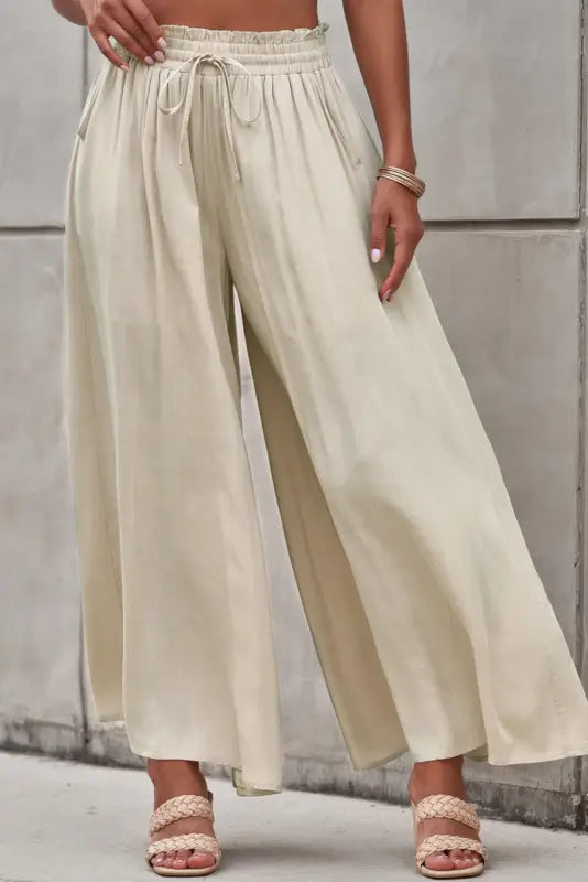 Beige drawstring smocked high waist wide leg pants