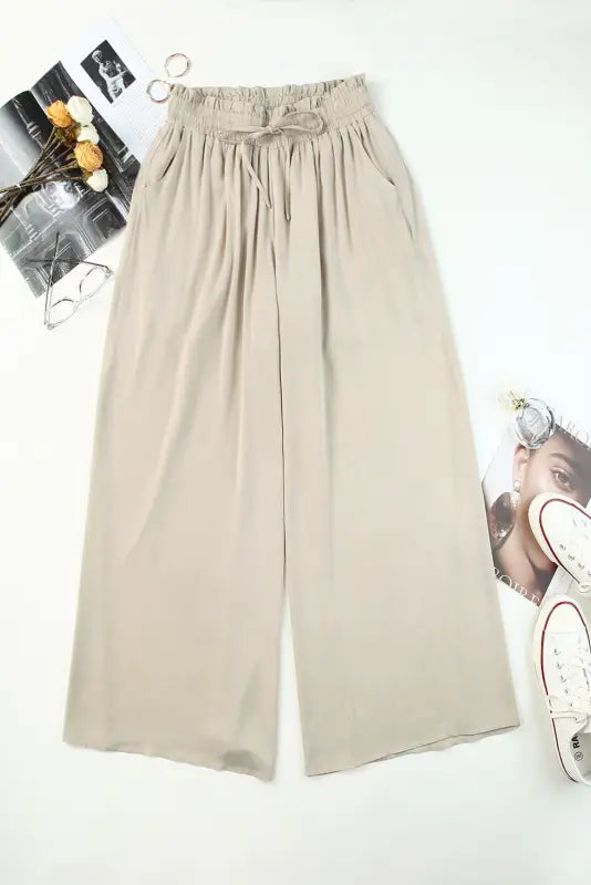 Beige drawstring smocked high waist wide leg pants