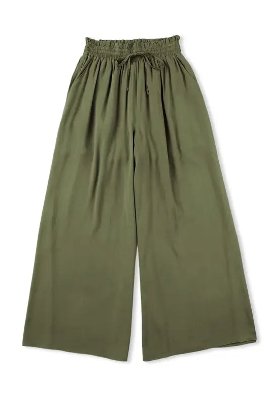 Beige drawstring smocked high waist wide leg pants