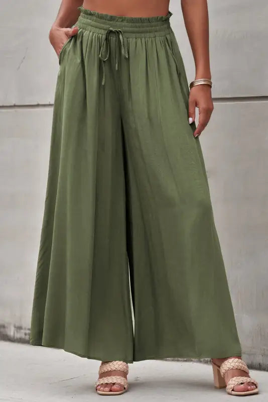 Beige drawstring smocked high waist wide leg pants