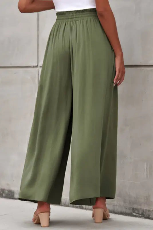 Beige drawstring smocked high waist wide leg pants