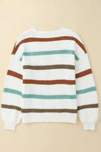 Beige Drop Shoulder Pocketed Stripe Sweater Cardigan - Fashionfitz