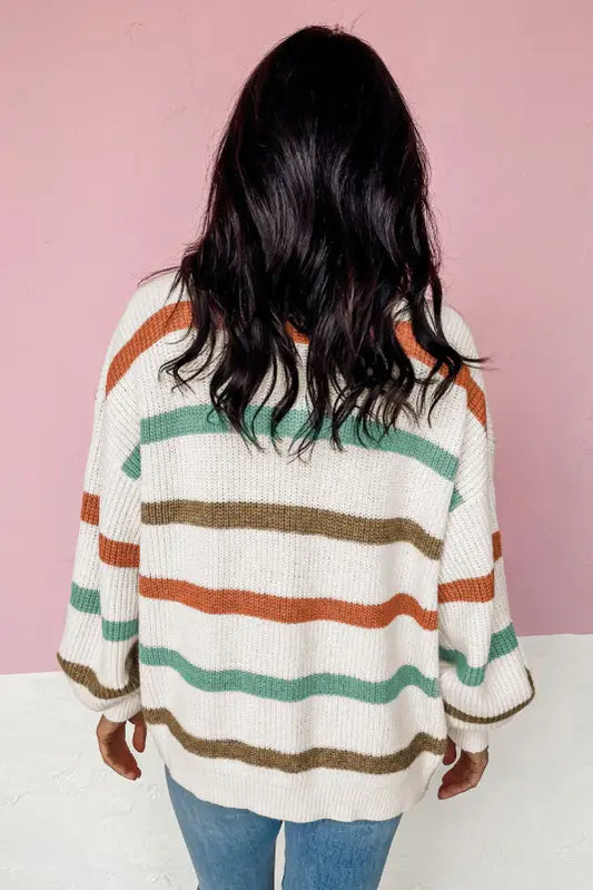 Beige drop shoulder pocketed stripe sweater cardigan - tops