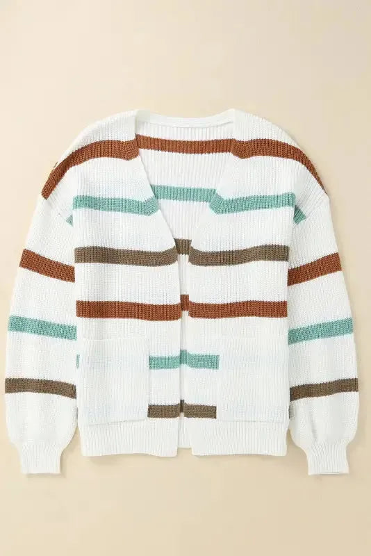 Beige Drop Shoulder Pocketed Stripe Sweater Cardigan - Fashionfitz