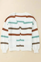 Beige Drop Shoulder Pocketed Stripe Sweater Cardigan - Fashionfitz