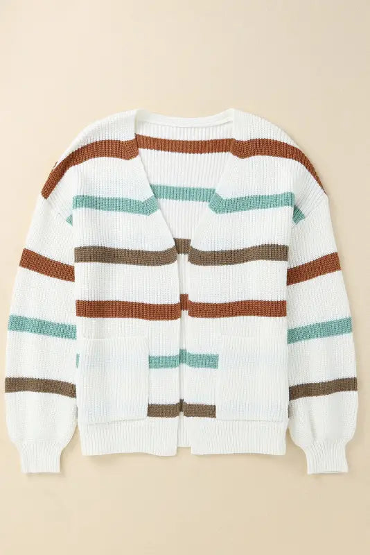 Beige drop shoulder pocketed stripe sweater cardigan - tops