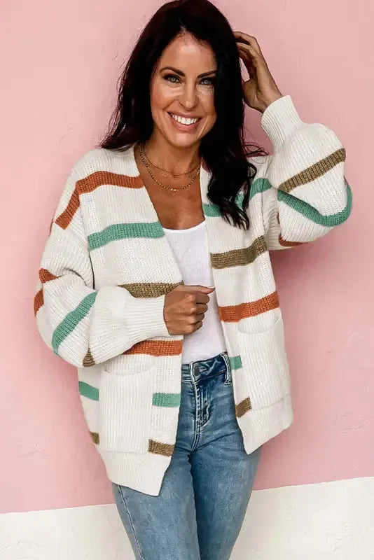 Beige Drop Shoulder Pocketed Stripe Sweater Cardigan - Fashionfitz