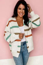 Beige Drop Shoulder Pocketed Stripe Sweater Cardigan - Fashionfitz