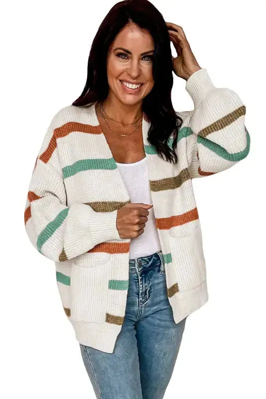Beige Drop Shoulder Pocketed Stripe Sweater Cardigan - Fashionfitz