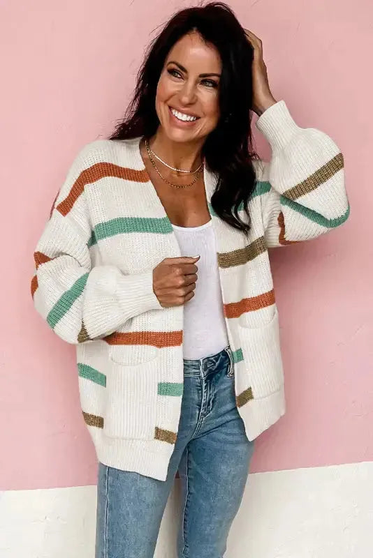 Beige Drop Shoulder Pocketed Stripe Sweater Cardigan - Fashionfitz