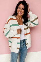 Beige Drop Shoulder Pocketed Stripe Sweater Cardigan - Fashionfitz