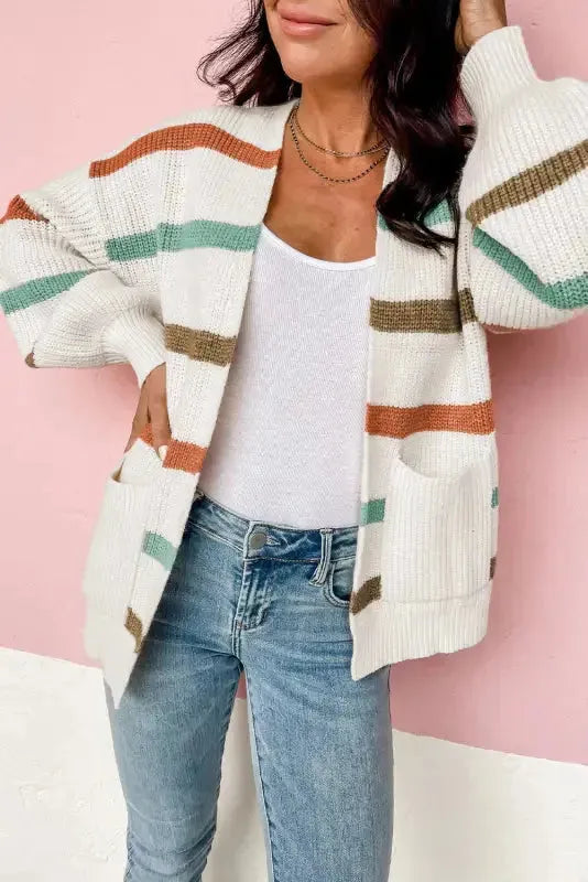 Beige Drop Shoulder Pocketed Stripe Sweater Cardigan - Fashionfitz