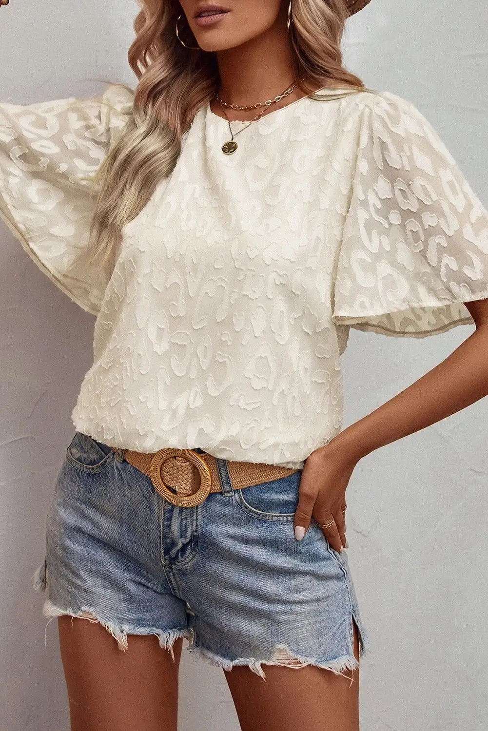 Beige elegant jacquard butterfly sleeve blouse - s / 100% polyester - tops/blouses & shirts
