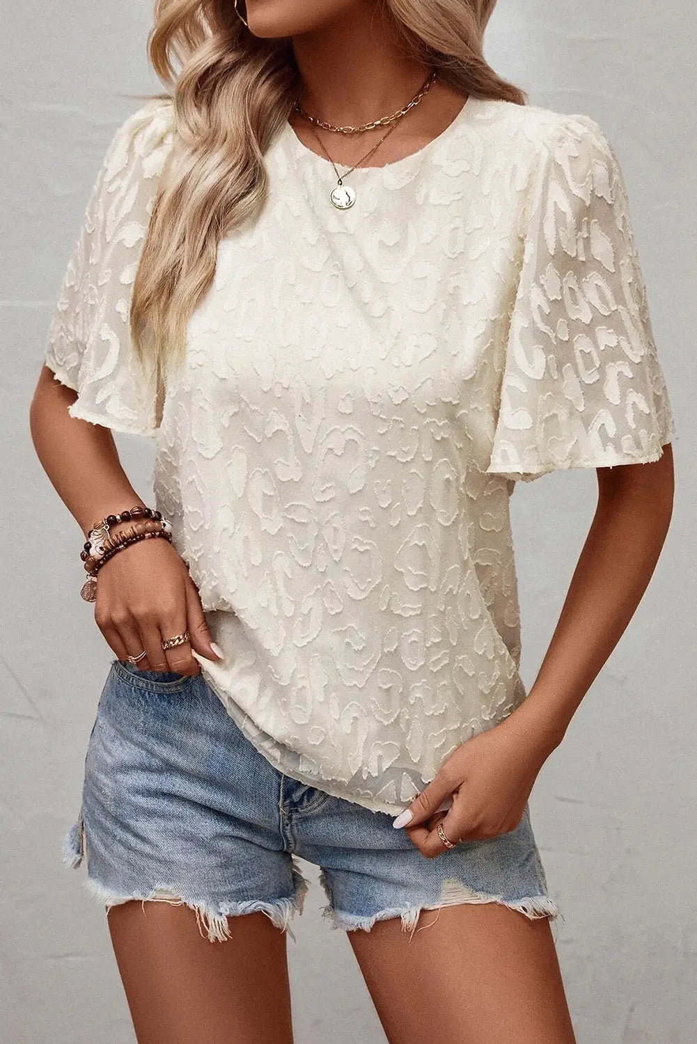 Beige elegant jacquard butterfly sleeve blouse - tops/blouses & shirts