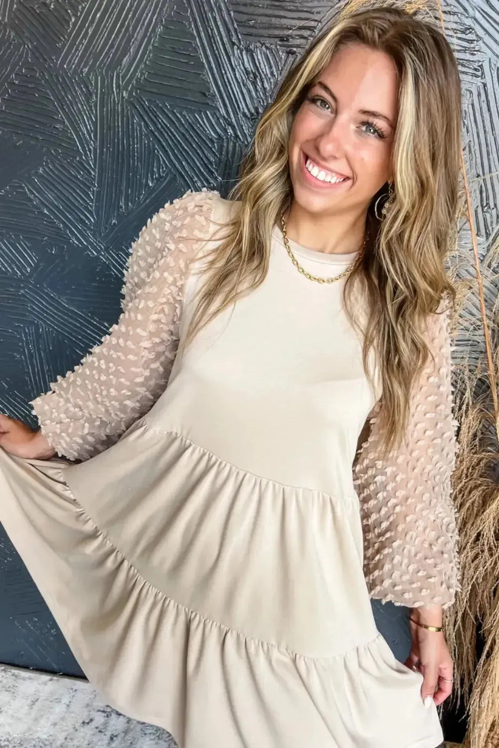 Embellished Puff Sleeve Tiered A-line Dress - Fashionfitz