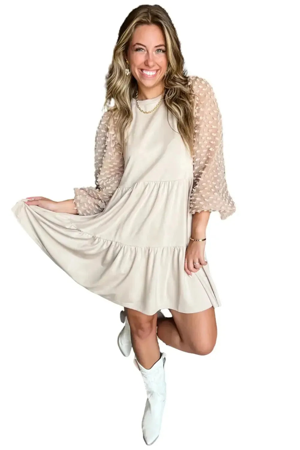 Embellished Puff Sleeve Tiered A-line Dress - Fashionfitz