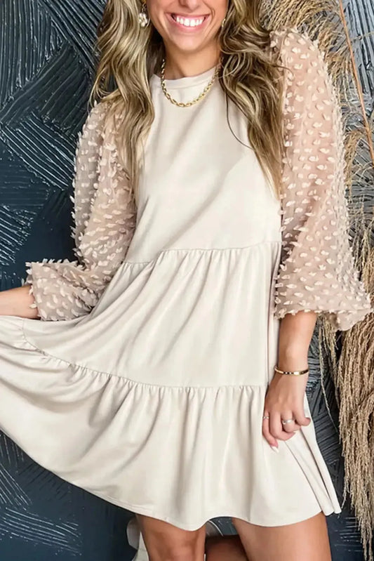 Embellished Puff Sleeve Tiered A-line Dress - Fashionfitz