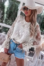 Beige Embroidered Mesh Flounce Sleeve Blouse - Fashionfitz