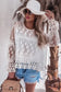 Beige embroidered mesh flounce sleeve blouse - blouses &