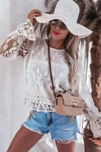 Beige Embroidered Mesh Flounce Sleeve Blouse - Fashionfitz