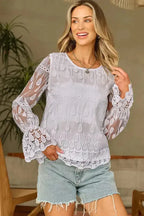 Beige Embroidered Mesh Flounce Sleeve Blouse - Fashionfitz