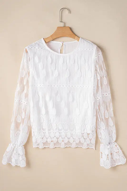 Beige embroidered mesh flounce sleeve blouse - blouses &