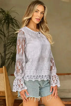 Beige Embroidered Mesh Flounce Sleeve Blouse - Fashionfitz