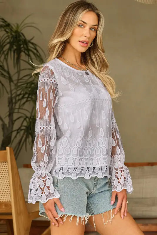 Beige embroidered mesh flounce sleeve blouse - blouses &