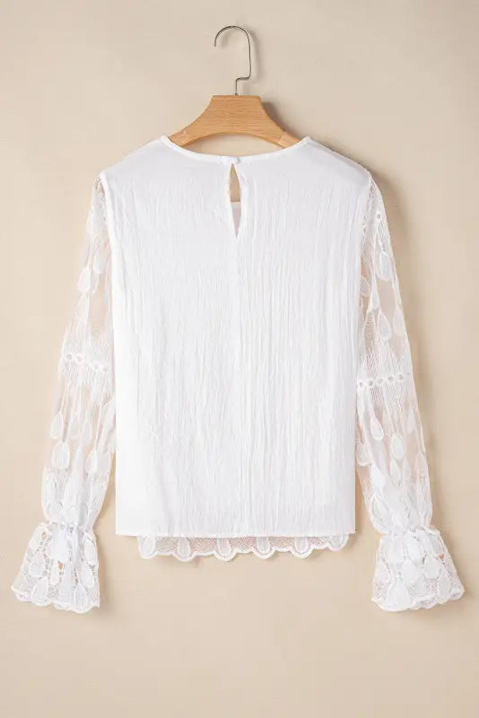 Beige embroidered mesh flounce sleeve blouse - blouses &