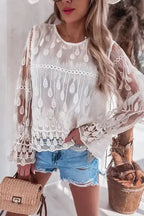 Beige Embroidered Mesh Flounce Sleeve Blouse - Fashionfitz