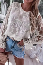 Beige Embroidered Mesh Flounce Sleeve Blouse - Fashionfitz